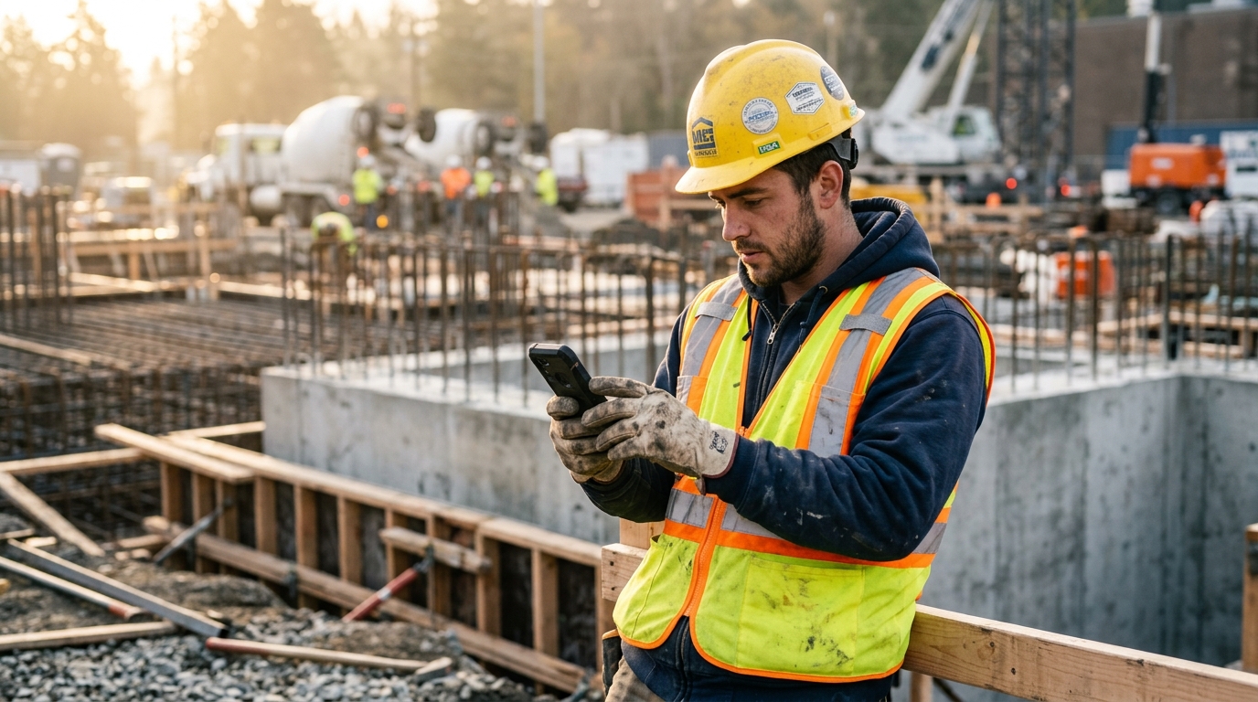 Construction worker texting a field report on site